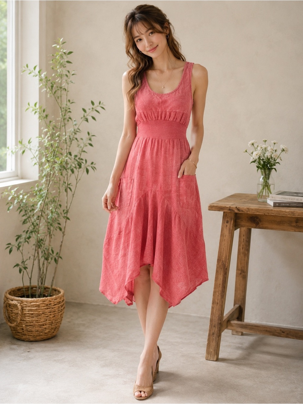 Inizio Linen Sleeveless Midi Dress Light Salmon Lagenlook Flowy Bohemian Cruise